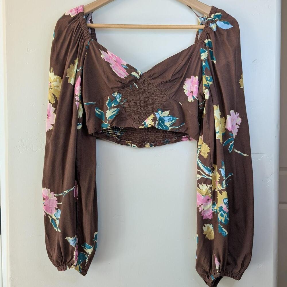 Free People Brown Pink Floral Long Balloon Sleeve Smocked Crop Top Size XS